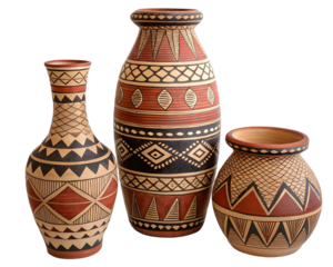 Three decorative african vases with geometric patterns on a transparent background studio shot