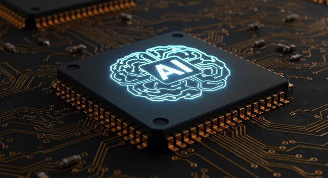 Futuristic AI chip on a circuit board.