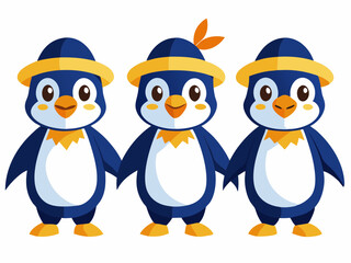 Fototapeta premium Three Adorable Cartoon Penguins Wearing Hats Holding Hands