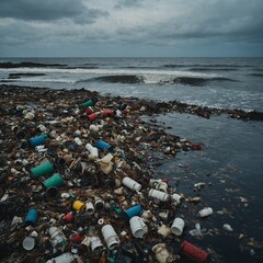 Polluted Seashore with Plastic Waste, Ocean Waves, and Cloudy Sky: Environmental Concerns, Coastal Pollution, and Marine Debris