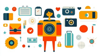 Photographer's Artistic Tools: A flat lay composition showcasing the creative world of photography, featuring cameras, accessories, and icons that represent the essence of capturing moments.