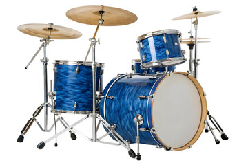 Isolated drum kit with blue swirl finish and silver hardware on a transparent background in studio lighting
