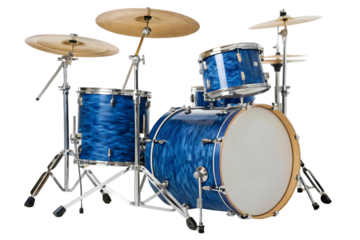 Isolated drum kit with blue swirl finish and silver hardware on a transparent background in studio lighting
