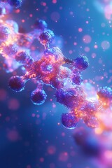 Fototapeta premium Molecular strand illuminated with vibrant hues, showcasing atomic structures and interconnections on a blue background.