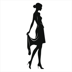  Silhouette Illustration of a Woman in a Dress with Drape/A stylish silhouette of a woman in a flowing dress, perfect for fashion, beauty, or lifestyle stock.