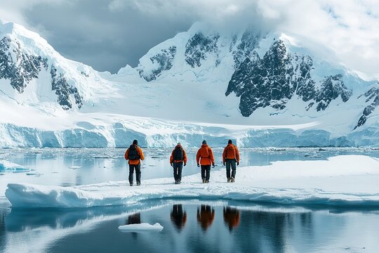 Group explores icy landscape with distant mountains. Adventure and exploration on the frozen ice floe.