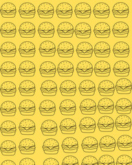 Burgers drawn with a simple line over a yellow background. Each burger has a toasted loaf of sesame, Patty, and lettuce stuffing.