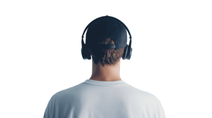 Man with headphones and baseball cap, relaxed pose, back view, minimal white background