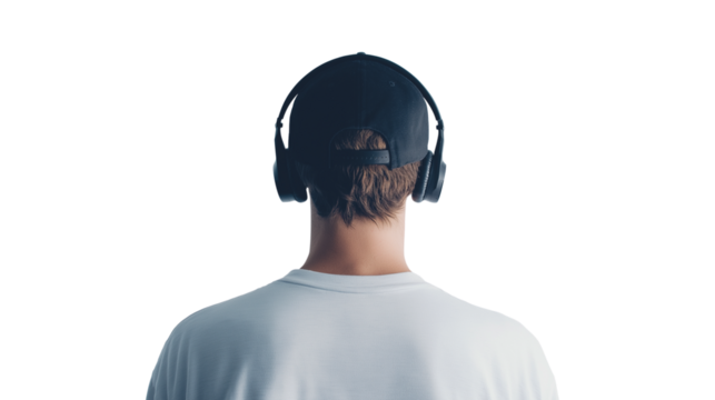 Man with headphones and baseball cap, relaxed pose, back view, minimal white background