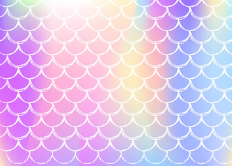 Mermaid scales background with holographic gradient. Bright color transitions. Fish tail banner and invitation. Underwater and sea pattern for girlie party. Plastic backdrop with mermaid scales.
