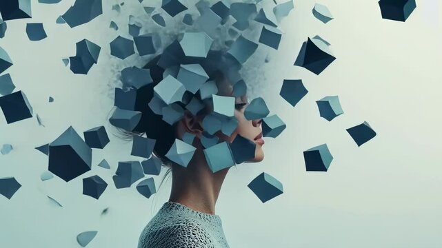 Female profile experiencing mental energy, geometric shapes scattering dynamically from brain region, symbolizing creativity, innovation, psychological processes against clean white background