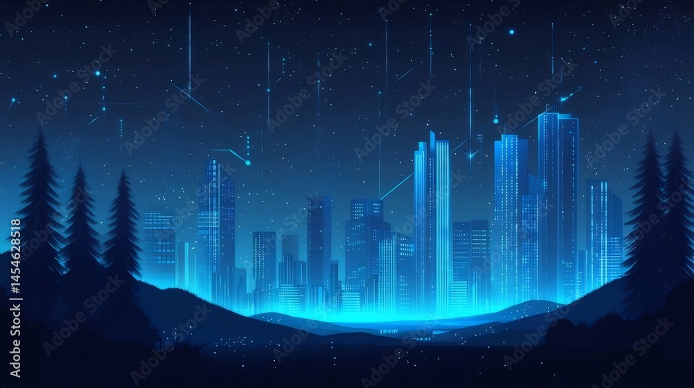 Poster 青色の夜空にそびえる高層ビル群と輝く光のデジタルアート 都市の風景と星の夜景
