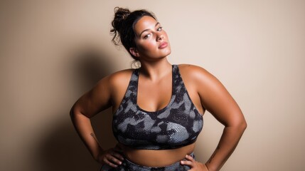 Fototapeta premium Confident woman posing in athletic wear against a neutral background, showcasing body positivity and empowerment.