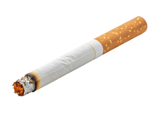 Close up of a single lit cigarette on a transparent background for smoking and health awareness concepts