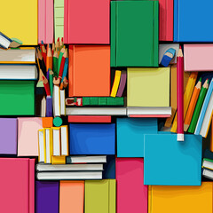 Vector illustration with a set of school supplies: notebooks, pens, pencils, rulers, books, textbooks and other items for studying. Bright and educational design.