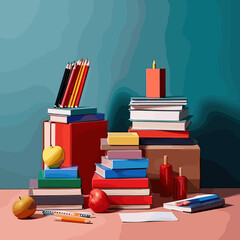 Vector illustration with a set of school supplies: notebooks, pens, pencils, rulers, books, textbooks and other items for studying. Bright and educational design.