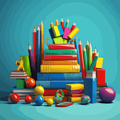 Vector illustration with a set of school supplies: notebooks, pens, pencils, rulers, books, textbooks and other items for studying. Bright and educational design.