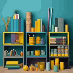 Vector illustration with a set of school supplies: notebooks, pens, pencils, rulers, books, textbooks and other items for studying. Bright and educational design.
