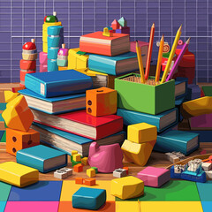 Vector illustration with a set of school supplies: notebooks, pens, pencils, rulers, books, textbooks and other items for studying. Bright and educational design.
