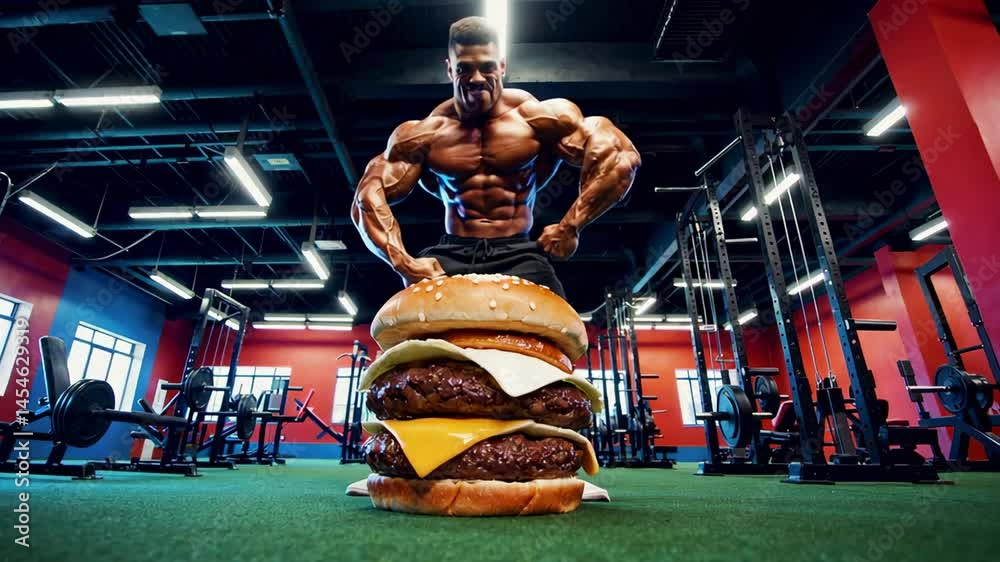 Poster muscular bodybuilder flexing muscles behind a giant cheeseburger inside a gym, showcasing the combin