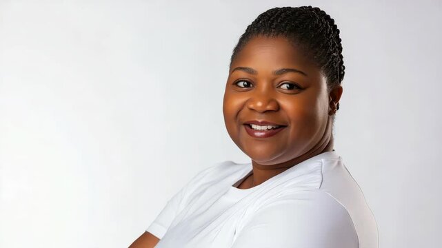 Radiant dark-skinned woman with braided hair in white t-shirt smiling against a light background in a studio portrait showcasing positivity