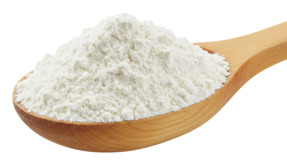 木のスプーン、白い小麦粉、たっぷり