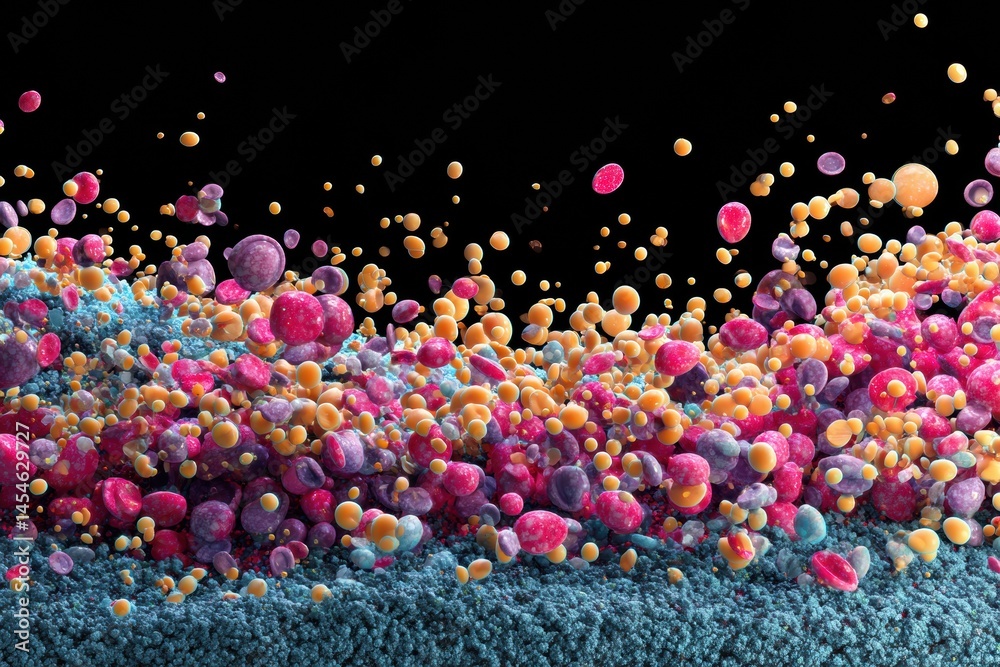 Poster Colorful Particles of Medicine Suspended in a Cross-Section of Bloodstream Showcasing Vibrant Interactions With Cells Generative AI