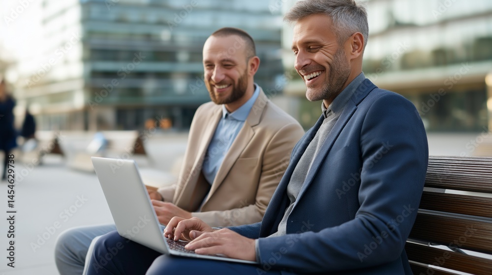 Poster two professionals sitting on a bench outside are engaged in an animated discussion while reviewing i