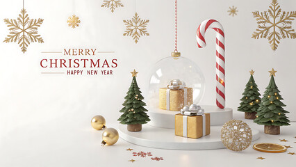 Elegant Merry Christmas and Happy New Year Greeting Card – Festive Holiday Background with Gifts and Decorations


