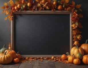 Rustic chalkboard frame overflowing with various sized pumpkins and gourds, autumn leaves scattered around ,  design element,  farm,  backdrop
