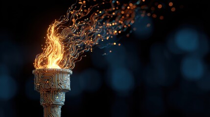 A stylized torch with flowing sparks against a dark background, symbolizing innovation and enlightenment.