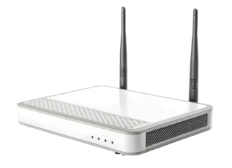 White wireless router with two antennas for home or office network connectivity and internet access