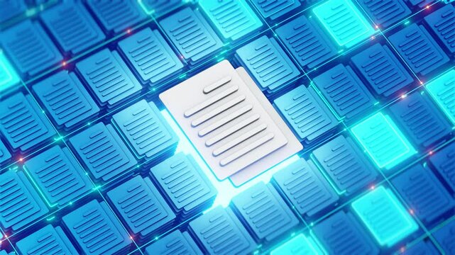 Futuristic representation of digital document storage with a glowing highlighted file among organized folders, symbolizing data management and access.