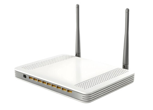 White wireless router with antenna for home or office network internet connection device technology