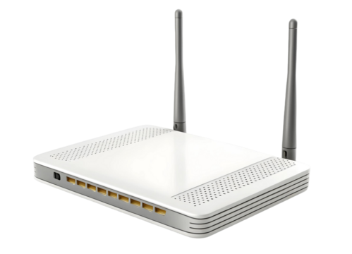 White wireless router with antenna for home or office network internet connection device technology