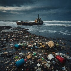 Fishing boat stranded near coastline with severe plastic pollution and cloudy skies depicting environmental damage and ocean contamination