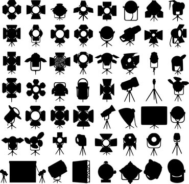 Stage lighting icons. Scene lighting equipment icons. Vector illustration
