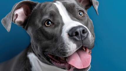 Joyful American bully dog portrait against a vibrant blue background showcasing its cheerful personality and striking features