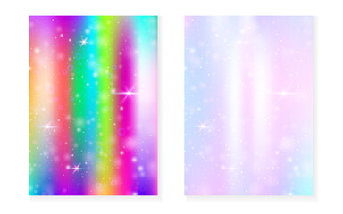 Rainbow background with kawaii princess gradient. Magic unicorn hologram. Holographic fairy set. Colorful fantasy cover. Rainbow background with sparkles and stars for cute girl party invitation. © Holo Art