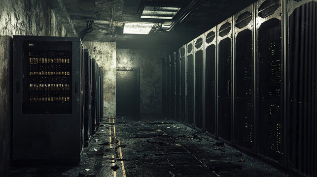 Dark, derelict server room with aging infrastructure. Data decay metaphor in storage hallway.