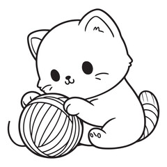 Cartoon Kitten Ball Yarn Playtime Cute Feline Animal Vector Design