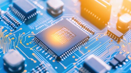 ブルーの電子回路基板 クローズアップ 集中した光とオレンジ色のアクセント テクノロジー背景