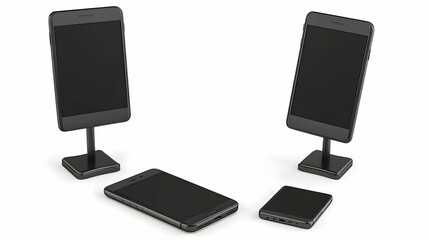 Modern smartphones arranged on stands and flat tech device display with black screens