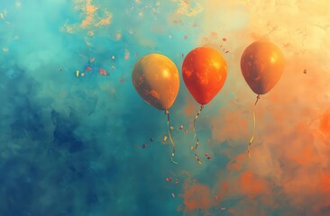 Fototapeta premium Colorful balloons floating against vibrant smoke clouds, symbolizing celebration and festivity in a highly detailed, realistic, high-resolution illustration.