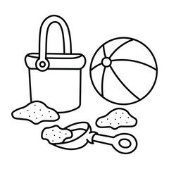 Summer Beach Ball and Bucket Coloring Pages, Summer Fun Coloring Page, Bold and Easy, Hand Drawing, Holiday Coloring Fun, flat design illustration, Summer set of icons, Travel, Vector illustration, 
