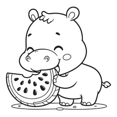 Cute Hippo Eating Watermelon Vector Art for Kids Coloring Book