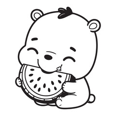 Cute Bear Cub Eating Watermelon Illustration for Children and Art Projects