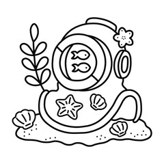 Ocean Helmet Coloring Page, 
Ocean Scene, Beach Scene, Bold and Easy Designs for Relaxation with Sea Life, Ocean life, 