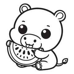 Cute Kawaii Hippo Eating Watermelon Illustration for Coloring and Activities