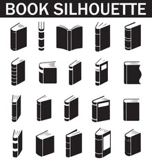 Collection of various black and white book silhouette icons featuring different angles, open and closed views, spine designs, and page orientations for design use.
